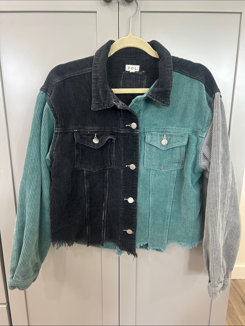 POL Corduroy Colorblock Shacket - Black, Teal, Gray Raw Hem Size Small